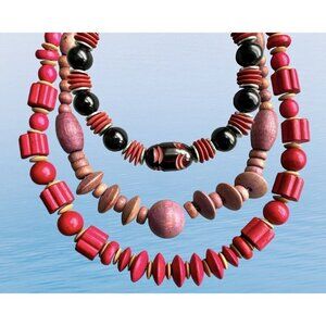 Vintage Necklaces 80’s set of 3 - Wood Red, black, natural pink Bead Wood balls